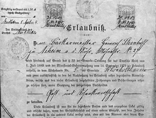 Urkunde über die Erlaubnis zur Führung einer Gast- und Schenkwirtschaft aus dem Jahr 1903